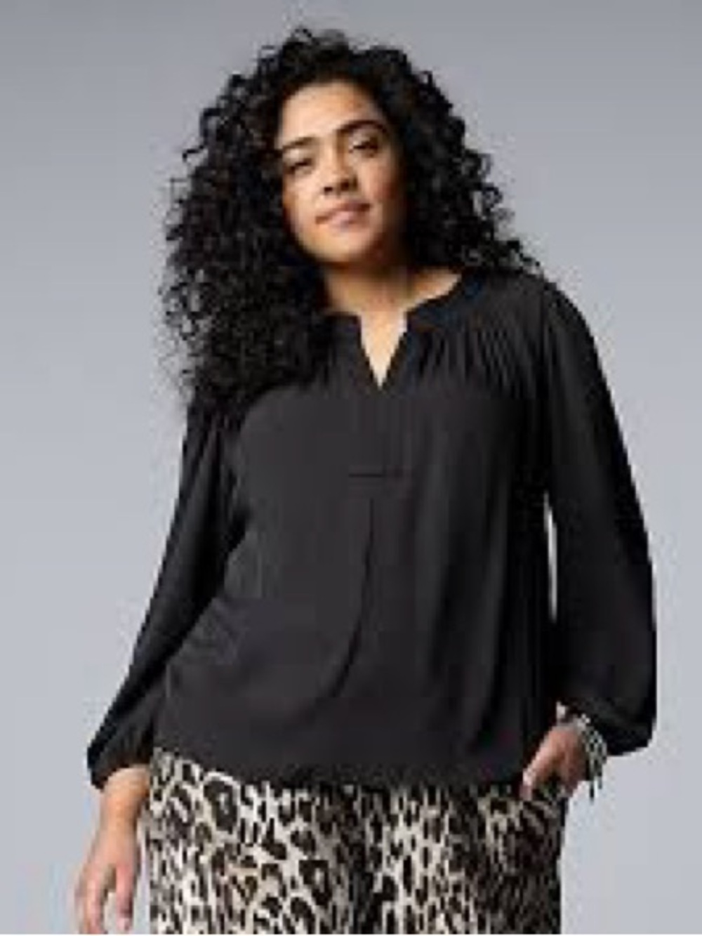 Black Tunic Roll Tab Sleeve Blouse, XXL